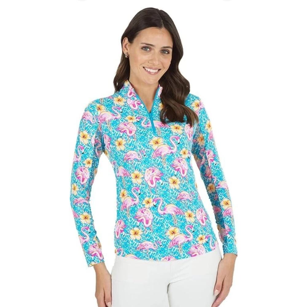 NWOT IBKUL Penny Turquoise Flamingo Long Sleeve Mock Golf Shirt, Size Medium